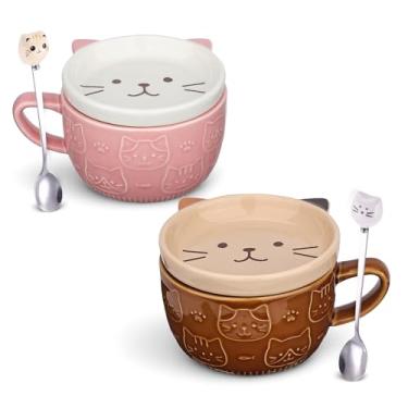 Imagem de JNSMFC 2 conjuntos de canecas de café fofas de gato com tampas, xícaras de chá Kawaii, canecas divertidas de café da manhã, presentes de aniversário de Natal para mulheres, amigas e crianças