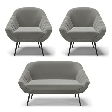 Imagem de Kit 01 Namoradeira 02 Lugares e 02 Poltronas Giovana Suede Grafite Pés Palito De Ferro - D'Rossi