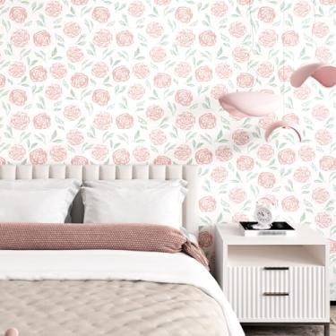 Imagem de EPPKILY Papel de parede rosa floral descascar e colar papel de parede rosa desenhado à mão para quarto de meninas berçário rosa boho flor papel de parede vintage papel de contato floral para armários