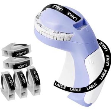 Imagem de Máquina de fazer etiquetas de gravação em relevo com fitas, escritor de etiquetas em relevo retrô portátil, mini gravador de etiquetas com 5 rolos pretos para casa, escritório e artesanato (roxo)