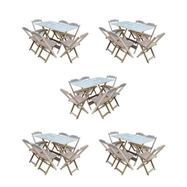 Imagem de Kit 5 Conjuntos De Mesa Dobravel Com 6 Cadeiras De Madeira 120X70 Para Restaurante E Bar- Sem Pintur