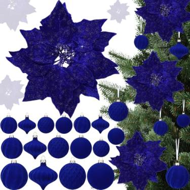 Imagem de VioraWhite Conjunto de 24 peças de enfeites de árvore de Natal de veludo inclui 8 peças de flores de poinsétia de Natal de 25 cm, 16 peças, enfeites de bola de plástico flocados para decoração de