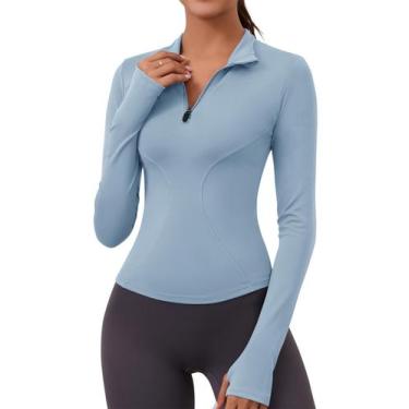 Imagem de Blusa atlética feminina LOMON, manga comprida, jaqueta curta, azul S