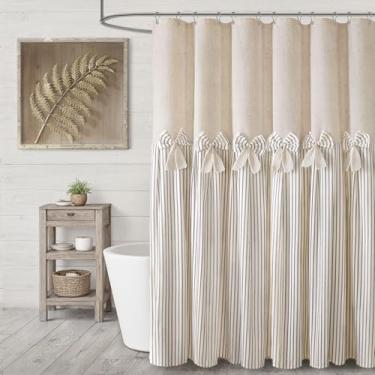 Imagem de XOGUIBO Cortina de chuveiro Farmhouse linho bege laço tecido country rústico ocidental, listrado bege plissado 183 cm L x 228 cm C