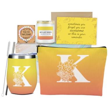 Imagem de Conjunto de pulseiras e velas de vela com monograma amarelo inicial K, presentes de aniversário para mulheres, mãe, avó, menina, tia, sobrinha, Natal, amizade, despedida de solteira, bolsa de