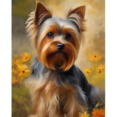 Imagem de VNUIEHG Pintura DIY por número para adultos, Yorkshire Terrier Dog and Flowers Paint by Number Set com pincéis profissionais, 40 x 50 cm, sem moldura