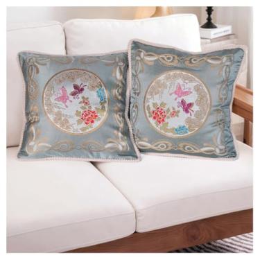 Imagem de Capas de almofada de tapeçaria floral vintage 50 x 50 - Pacote com 2 capas de almofada bordadas verdes para sofá, decoração de casa de cama (verde claro - bordado floral redondo com enfeites de