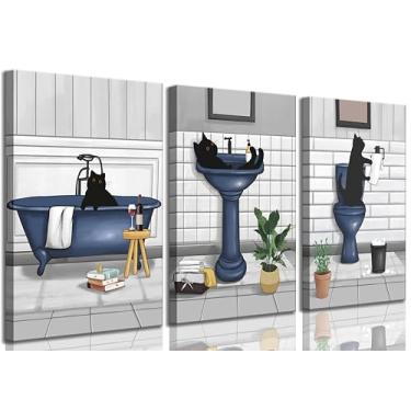 Imagem de 3 peças de arte de parede em tela de gato de banheiro azul fofo gato preto na banheira e vaso sanitário, pintura de parede, pôster impresso, arte para banheiro, banheiro, decoração de casa