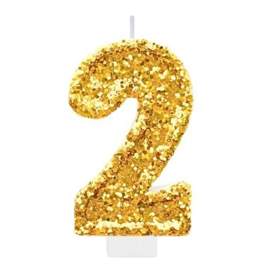 Imagem de Vela de aniversário número 2 dourada para bolo, topo de bolo dourado com glitter, decorações de 2º aniversário, suprimentos de festa para mulheres e homens, decoração de cupcake de princesa