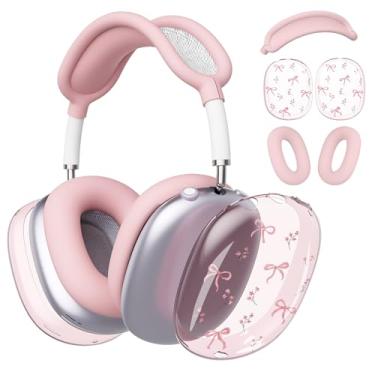 Imagem de BlHMCASE Capa de fone de ouvido para AirPods Max, linda faixa rosa com laço de flor, capa de silicone rosa para fones de ouvido para Apple AirPods Max