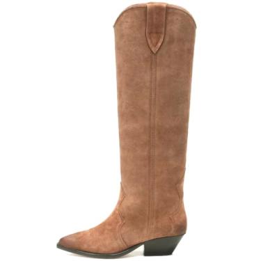 Imagem de YIYA Western Suede Cowboy Bota feminina clássica bico fino cowgirl bota feminina cano médio para mulheres, Camurça marrom-escura, 41
