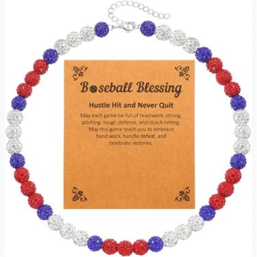 Imagem de Colar de contas inspirado em beisebol com detalhes de diamante cintilante, unissex, joia de discoteca, presente para homens e mulheres, bom presente para torcedores de times de beisebol, Universal