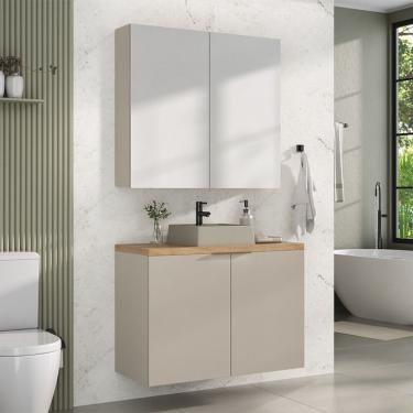 Imagem de Conjunto de Gabinete e Armário de Banheiro com Espelho Nature 4 Portas Nude e Carvalho 90 cm