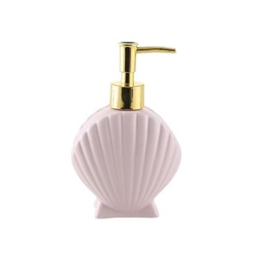 Imagem de Dispensador de sabão Dispensador de sabão cerâmica para banheiro, 280ml, com cabeça bomba prateada, formato concha, dispensador líquido para bancada(Pink)