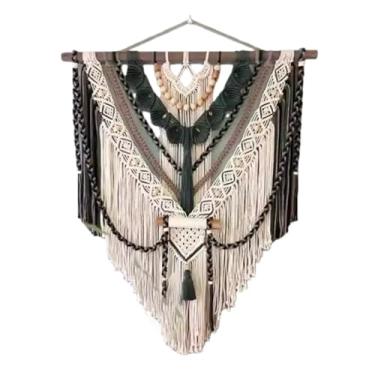 Imagem de Macrame Wall Hanging Tapeçaria de parede em macramê estilo boho - Arte geométrica tecida à mão com contas de madeira, franjas e decoração em corda de algodão.(100x110cm/39.4x43.3in)