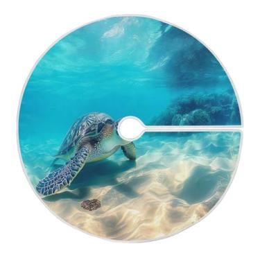 Imagem de Blueangle Saia de árvore de Natal havaiana de tartaruga marinha verde de 89,9 cm - poliéster macio e resistente a rugas, decoração de férias para festas de Natal, árvore festiva e decoração de casa