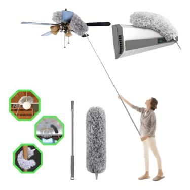 Imagem de Espanador de Pó Extensível 2,80 Metros Ajustável Haste Flexível Retrátil Limpador de Tetos Armários Ventiladores Persianas Limpeza de Áreas Altas e Locais Difíceis Microfibra Cabo de Aço Inoxidável