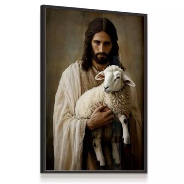 Imagem de Quadro Decorativo Jesus Cristo Cordeiro Deus Religião 43x63 Laminado Moldura Preta Art Parede