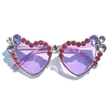 Imagem de willochra Óculos de sol femininos com strass em forma de coração com diamantes brilhantes para festa, Roxa, Medium
