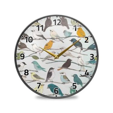 Imagem de WELLDAY Relógio de parede sem tique-taque 25 cm - Pássaros nos galhos, relógio redondo silencioso de quartzo operado por bateria para casa/escritório/cozinha/sala de aula