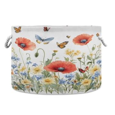 Imagem de WELLDAY Cesta de corda de algodão primavera flores silvestres cesta de lavanderia para bebê para sala de estar, lavanderia, berçário, travesseiros, decoração de casa