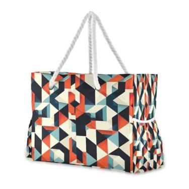 Imagem de Wassud Bolsa de praia grande com design geométrico, bolsa de praia para mulheres, impermeável, à prova de areia, bolsa de viagem com zíper e bolso para piscina, academia, acampamento