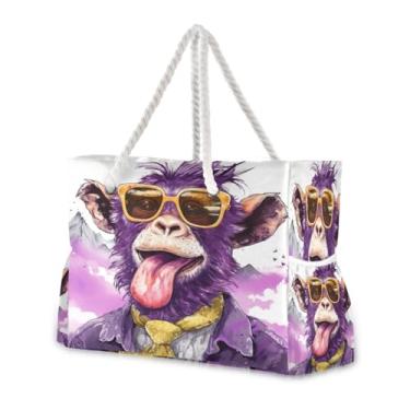 Imagem de Wassud Bolsa de praia divertida macaco grande bolsa de praia para mulheres, impermeável, à prova de areia, bolsa de viagem com zíper e bolso para piscina, academia, acampamento