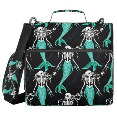 Imagem de Qilmy Fichários com zíper com alça de ombro, fichário de 3 anéis de 3 cm, capacidade de 500 folhas, pasta organizadora e pasta de arquivos expansível, esqueleto de Halloween, sereia474