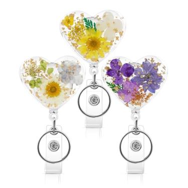 Imagem de KJQJLY 3 peças de carretel de crachá de flor retrátil, suporte de crachá de enfermeira, carretel de crachá de enfermeira com chaveiro, suporte de crachá de resina floral seca, clipe de identificação