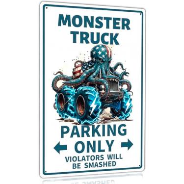 Imagem de Duiseno Polvo engraçado caminhão monstro estacionamento apenas meninos decoração de quarto placa de metal lata decoração de parede acessórios de festa de aniversário cartazes presentes para crianças