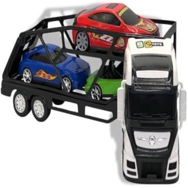 Imagem de Caminhao grande transporta carros brinquedo, e acessorios, para diversao infantil, completo.