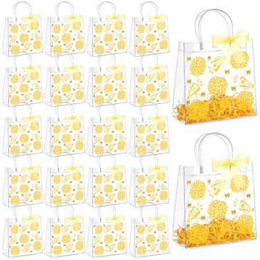 Imagem de AmazingSpark Conjunto de 20 sacos de presente de PVC transparente com alças reutilizáveis para lembrancinhas de festa com fita de ráfia saco de presente de plástico para líder de torcida (amarelo)