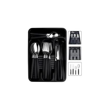Imagem de Conjunto Faqueiro 17 Peças com Porta Talher, Preto, Aço Inoxidável e Plástico, 4 Colheres de Mesa, 4 Garfos, 4 Facas, 4 Colheres de Sobremesa
