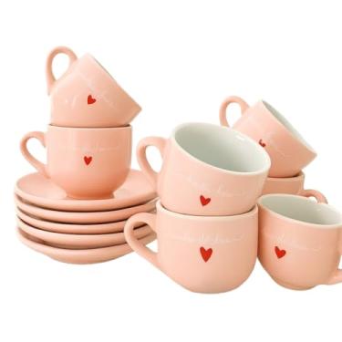 Imagem de Jogo C/12 Peças Xícaras Com pires Para Café e Chá Porcelana/Cerâmica 90ml Lamour Vermelha Rosa(Rosa Lamour 90 ml)