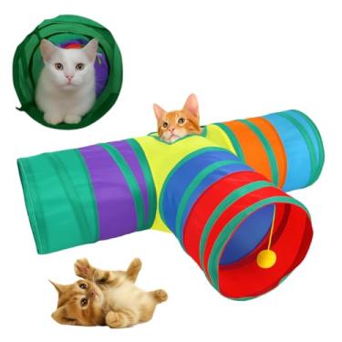 Imagem de Túnel Interativo para Gatos com 3 Entradas e Brinquedo Interno – Labirinto Colorido Dobrável, Estímulo e Exercício para Gatos Filhotes e Adultos – Portátil e Resistente em Poliéster (Em T)