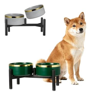 Imagem de Conjunto de tigela elevada de cerâmica para cães - Estação de alimentação para cães com tigelas duplas para raças pequenas e médias - Prato elevado antiderrapante para alimentação com água e comida
