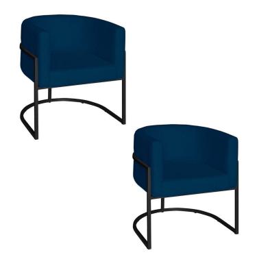 Imagem de Poltrona Base Industrial Preto Kit 2 Lety Veludo S05 - D'rossi Cor Azul Marinho
