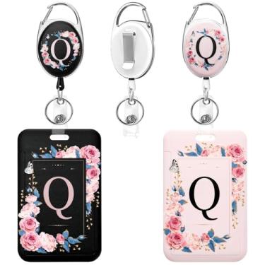 Imagem de Soleebee Pacote com 2 porta-crachás de identificação A-Z com carretel retrátil, lindos emblemas de identificação preto e rosa, chaveiro durável, carretel de crachá resistente para enfermeiras