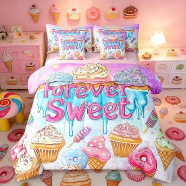 Imagem de Erosebridal Jogo de cama King com sobremesa doce e sorvete, 7 peças, fofo, cupcake, donuts, rosa, azul, roxo, conjunto de cama kawaii, para decoração de quarto