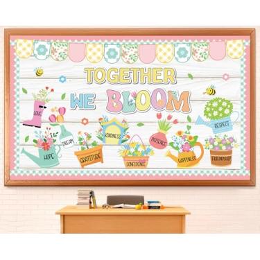 Imagem de Quadro de avisos de primavera decoração flor juntos nós florescemos positivas decorações de sala de aula quadro de avisos florais coloridos recortes de abelha de flores silvestres para berçário