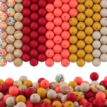 Imagem de HHCFAST 150 contas de silicone de cor mista de 15 mm para fabricação de chaveiros, contas de silicone com estampa amarela mostarda laranja para canetas e pulseiras