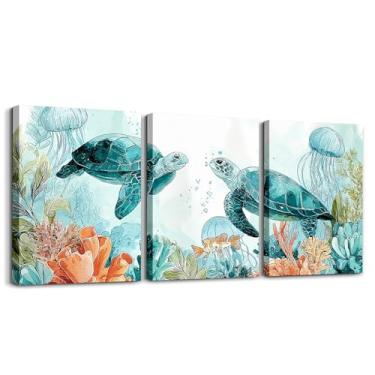 Imagem de Arte de parede do oceano azul para sala de estar, praia costeira, decoração de parede, para quarto, concha, estrela-do-mar, praia, pôsteres para crianças, meninos, meninas, estampas em tela de animais