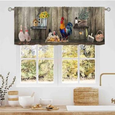 Imagem de Cortinas de sanefa de casa de fazenda para cozinha, animais de fazenda rústicas, galo, ovos de galinha, prancha de madeira antiga, bolso para varão, cortinas de janela pequenas para café, sala de