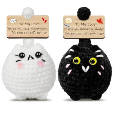 Imagem de Lindo gato de crochê positivo presente inspirador gato apoio emocional para amantes de gatos, mulheres, mães irmãs amigas, animais de crochê positivos feitos à mão com caixa de presente para