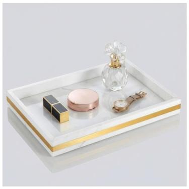 Imagem de Bandeja de mármore natural – Bandeja luxuosa de 30 cm de pedra branca para banheiro, cômoda, cozinha, organizador de joias e perfumes, bandeja decorativa moderna para casa, hotel