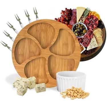 Imagem de Kit Petisqueira Redonda 26cm com Divisórias, Molheira Ramekin, 6 Garfinhos para Petiscos, Bandeja de Bambu para Queijos e Frios
