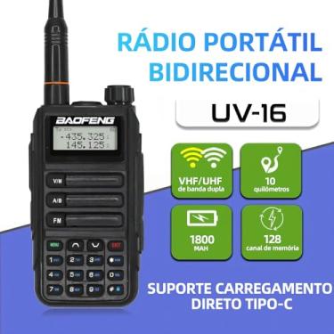 Imagem de Rádio Comunicação Portátil UV-16, Rádio Bidirecional VHF/UHF Dual Band, 128 Canais, Bateria 1800mAh, Carregamento Tipo-C, com Lanterna e Rádio FM, Inclui Fone de Ouvido
