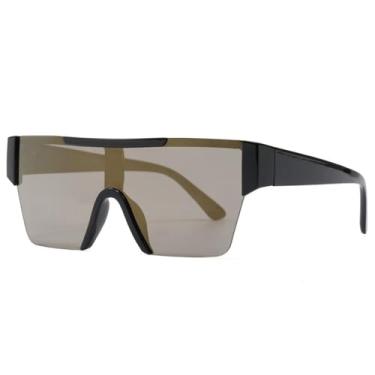Imagem de Óculos de sol unissex com armação grande e hastes largas, ideais para esportes ao ar livre como corrida e ciclismo, nas cores preto e dourado.