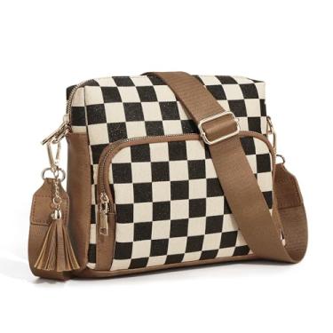 Imagem de Bolsa tiracolo feminina xadrez listrada pochete bolsa de peito para compras no trabalho, Browm(bolsa com vários bolsos), Tendência