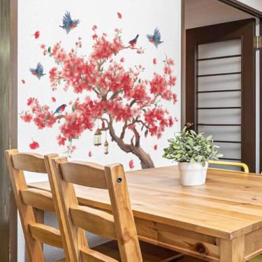Imagem de MEFOSS Decalques de parede de flor de pêssego grande rosa ramo de árvore floral pássaros adesivos de parede descascar e colar sala de estar quarto TV fundo decoração de parede